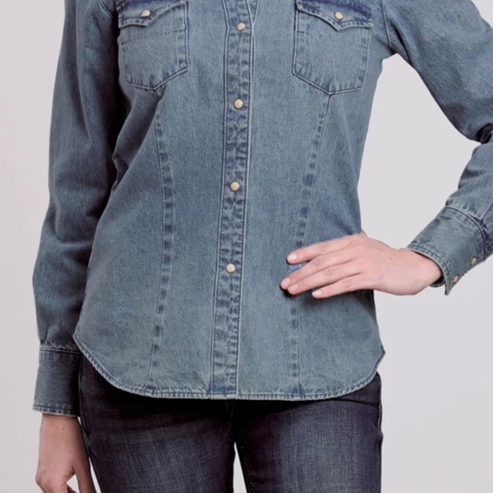 Roper Women’s Long Sleeve Denim Snap Front Shirt Blue Wash Size L #00209